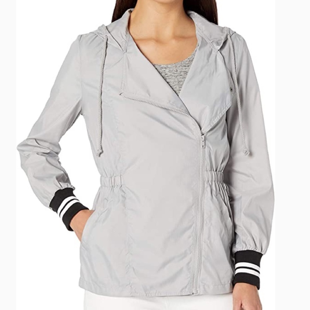 NWT Jack BB Dakota Rain Or Shine Hooded Nylon Stripe Cuff Jacket Gray Sz M